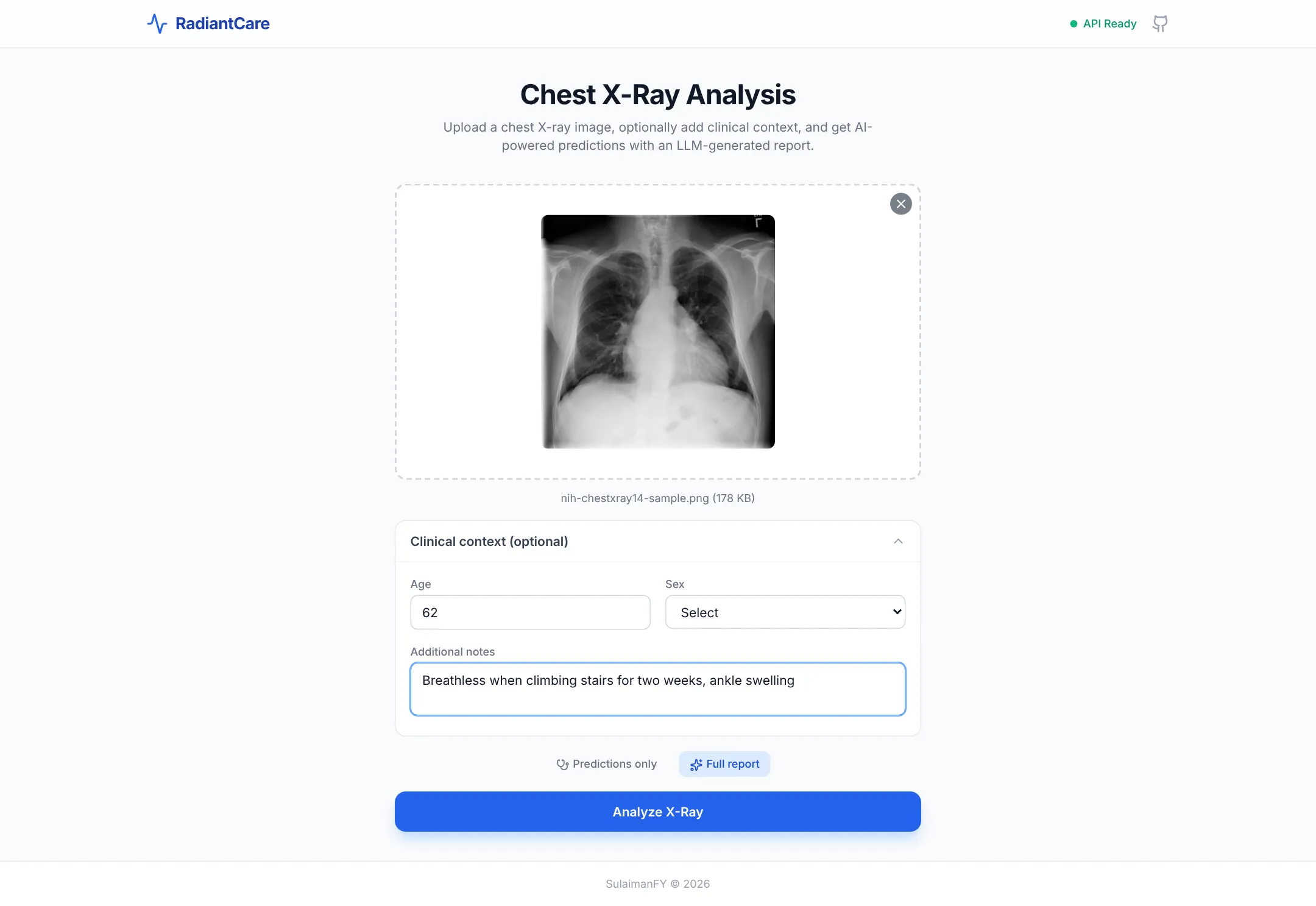 Upload screen with an X-ray and optional clinical context